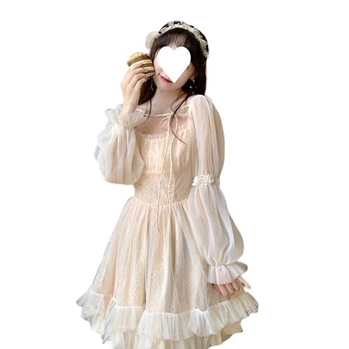 French Fairy Niche Lace Dress Women Long Sleeve Vintage Design New Dress - X-Large - Apricot