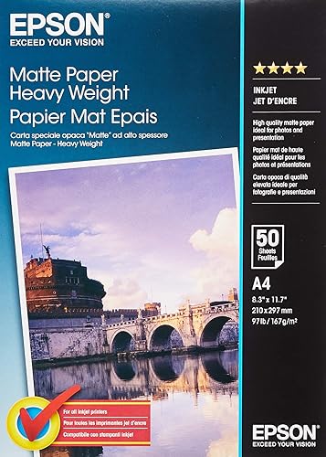 Epson A4 Matte Heavyweight Inkjet Paper (50 Sheets), White - Single