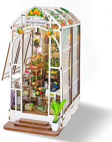 Waiybbit DIY Book Nook Kit with LED Lights, Gardenhouse Book Nook Kits for Adults, DIY Miniature House Kit, 3D Wooden Puzzle Booknook for Desk Bookshelf Decor Crafts for Adults, Teens