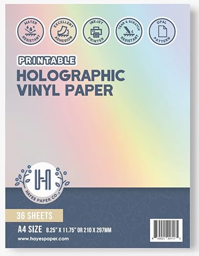 Hayes Paper Co. Vinyl Sticker Paper – 36-Pack A4 Printable Vinyl Sticker Paper – Holographic Vinyl Paper Compatible with Inkjet Printers – Tear and Scratch-Resistant – Opal Pattern