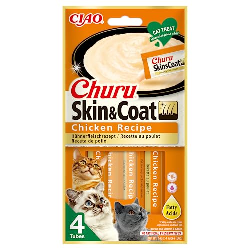 Ciao Churu Skin & Coat by INABA Cat Treat - Chicken - 1 Pack (4 x 14g total) / Soft & Creamy Cat Treat, Delicious & Healthy Snack, Purée Food Topper, Natural, Grain Free - Chicken - 1 Pack (4 x 14g total)
