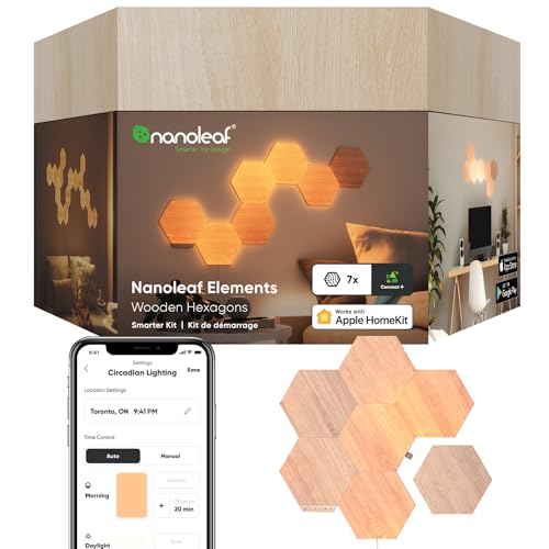 Nanoleaf Elements Hexagon Starter Kit, 7 Wood Look LED Smart Light Panels - Dimmable & Modular Wi-Fi Wall Mood Lights, Works with Alexa Google Assistant Apple Homekit, for House Room Decor or Desk - 7 Pack Starter Kit