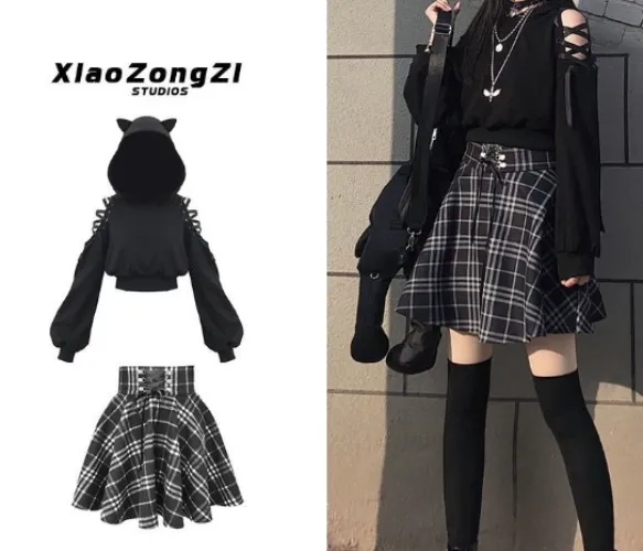 Cat hoodie and Plaid Skirt