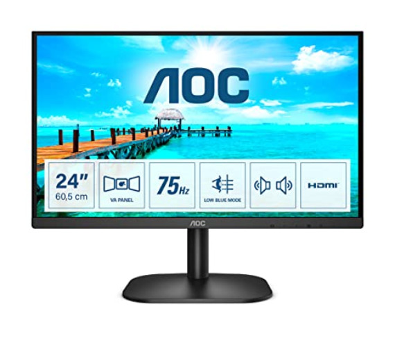 AOC 24B2XDAM - 24 Inch FHD Monitor, 75Hz, VA, 4ms Speakers, Flicker Free, Frameless Design (1920 x 1080 @ 75Hz, HDMI/VGA/ DVI), Black - Speakers - 24 inch VA - HDMI - VGA - DVI