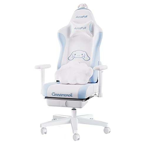 AutoFull Cinnamoroll Gaming-Stuhl Ergonomischer Schreibtisch-Computerstuhl mit hoher Rückenlehne und Lendenwirbelstütze, PU-Leder-Arbeitsstuhl mit Fußstütze, Weiß und Blau - Weiß