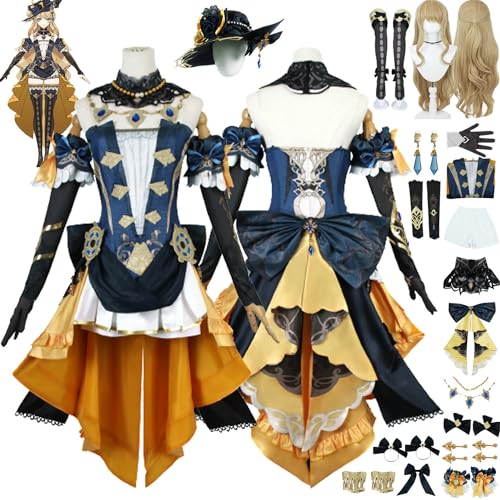 MAXCBD Spielcharakter Navia Cosplay Kostüm Outfit Genshin Impact Uniform Komplettes Set Halloween Party Dress Up Anzug mit Perücke Hut Kopfschmuck Ohrringe für Frauen Mädchen - S