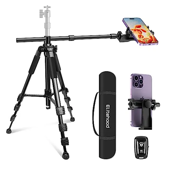 Elitehood Newest Ultra-Stable Overhead Tripod for iPhone – Heavy Duty Aluminum Tripod & 25in Horizontal Long Phone Arm, Tall Phone Stand Mount for Recording, 360°Adjustable iPhone Tripod Stand