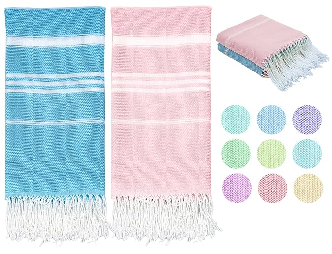 Turkish Beach Towel Quick Dry Absorbent Cotton Lightweight Thin Bathroom Bath Pool Swim Towels Extra Large Oversized Sand Free Towel Beach Accessories Essentials Stuff Cloud Gift - X-Large(79 x 36 inches,200 x 90 cm) - 2 Pack Aqblue Light Pink Fan
