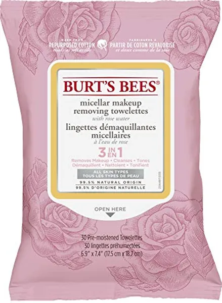 Burt's Bees Micellar Cleansing Towelettes With Rose Water, 30 count - Micellar with Rose Water - 30 Count (Pack of 1)