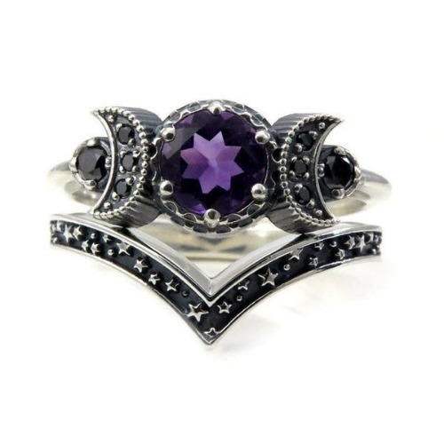 Gothic Triple Silver Multi Color Amethyst Ring - Amethyst size 10
