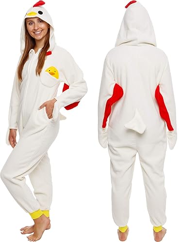 Funziez! Slim Fit Adult Onesie - Animal Halloween Costume - Plush Fruit One Piece Cosplay Suit for Women and Men - Large - Chicken