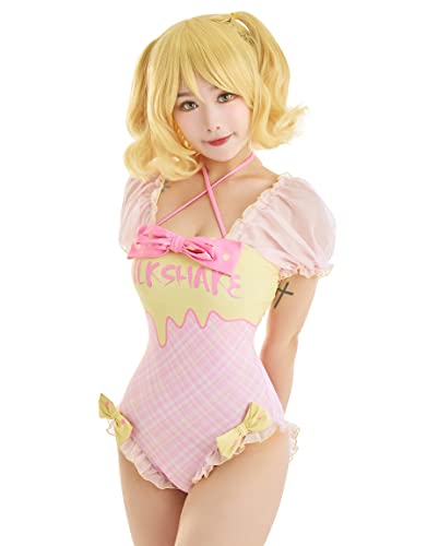 haikyuu Women One Piece Anime Swimsuit Set Bowknot Kawaii Bathing Suits with Tulle Swimwear - L - Milkshake Pink