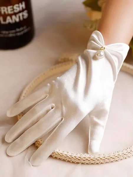 1pair White Short Satin & Pearl Solid Color Gloves Suitable For Wedding, Party, Driving And Daily Use