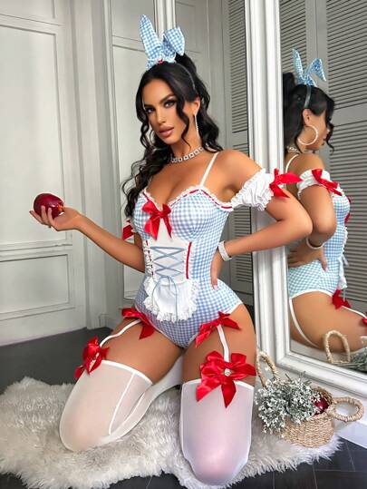Fantasy Costume Plaid Bow Bunny Bodysuit + Thigh High Socks + Headband Bunny Costume Set For Women