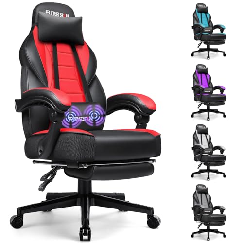 BOSSIN Gaming Chair with Footrest and Massage 400lb Weight Capacity, Big and Tall Gaming Chair for Adults, Ergonomic Heavy Duty Gaming Chair with Large Size Seat and High Back - Red