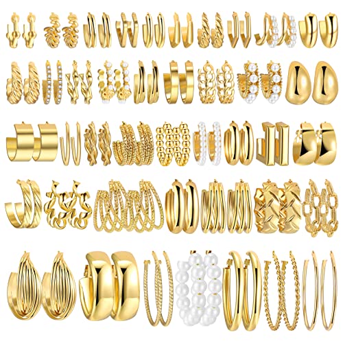 42 Pairs Gold Hoop Earrings Set for Women, Fashion Chunky Pearl Earrings Multipack Twisted Statement Earring Pack, Hypoallergenic Small Big Hoops Earrings for Birthday Party - Gold-42 pairs