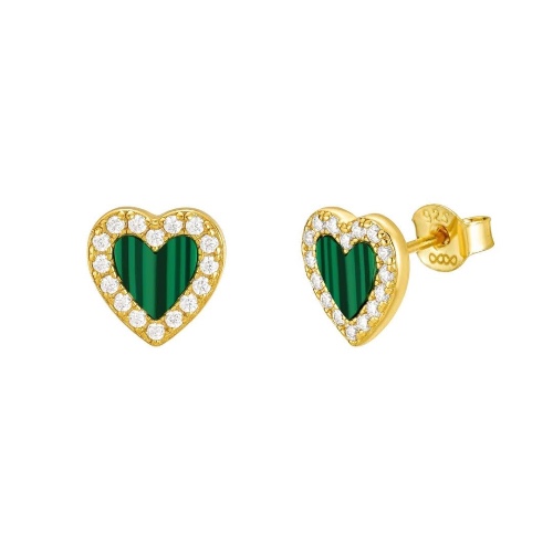 Malachite Halo Heart Stud Earrings/18K Yellow Gold & Malachite