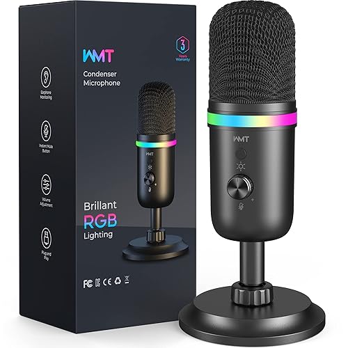 WMT USB Microphone - Condenser Gaming Microphone for PC/MAC/PS4/PS5/Phone- Cardioid Mic with Brilliant RGB Lighting Headphone Output Volume Control, Mute Button, for Streaming Podcast YouTube Discord - WMT800
