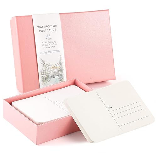 48 Sheets 4x6 Watercolor Postcards, 140lb/300gsm Blank Postcards Watercolor Paper Cards Art Supplies Valentine Gifts for Painting, DIY, Mailing, Invitations, Greeting Cards - Pink
