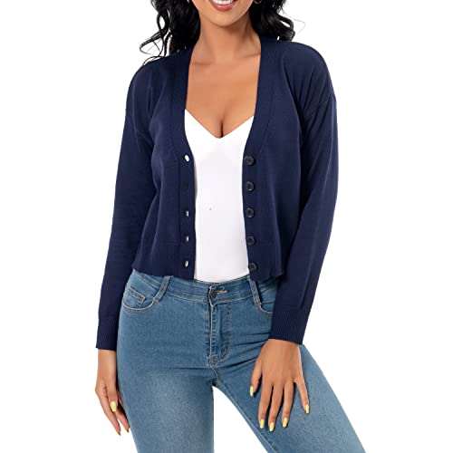 Satuun Women's Long Sleeve Cropped Cardigan V Neck Solid Button Down Knit Bolero Shrugs - Dark Blue - Medium
