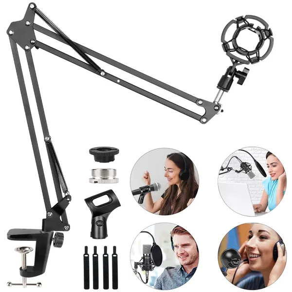 HAUEA Soporte para Micrófono con Araña para micrófonos más de 45 mm Soporte de Micrófono con Adaptador para Blue Yeti Snowball Soporte de Mesa con Brazo Ajustable Color Negro