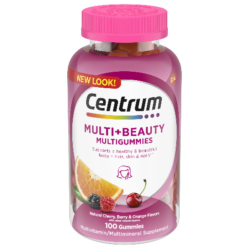Centrum MultiGummies + Beauty Gummy Multivitamin for Women, Hair Skin and Nails Vitamins with Antioxidants and Vitamins D3 and B , Cherry/Berry/Orange Flavors - 100 Count - 