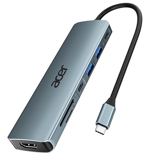 Acer USB C Hub, 7 in 1 USB C to HDMI Splitter, 2 USBA 3.1 GEN1 and 5Gbps Type-C Data Port, Type C Adapter with 4K HDMI Port, PD 100W Charging, SD Card Reader, for Laptop, PC, Desktop and More - Space grey