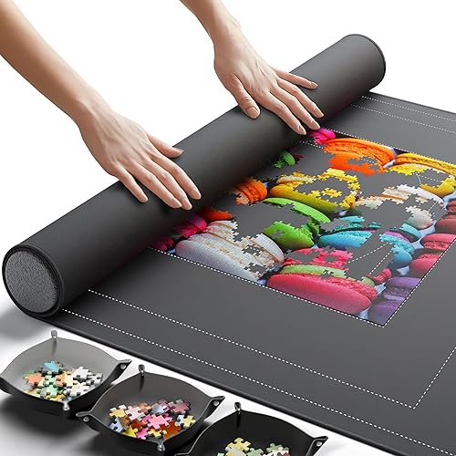 Newverest Jigsaw Puzzle Mat Roll Up, Saver Pad 55” x 35.5” Portable Keeper Up to 3000 Pieces with Non-Slip Rubber Bottom and Polyester Top + 3 Puzzle Sorting Trays, Travel-Friendly Storage Bag - 3000pcs