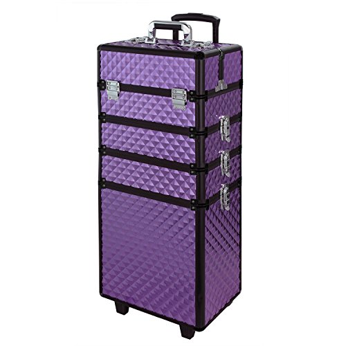 Warmiehomy 4 in 1 Aluminum Professional Makeup Trolley Vanity Case for Artists Beautician Extra Large Travel Jewellery Box Train Case w/ 2 Wheels (Diamond Purple) - Diamond Purple
