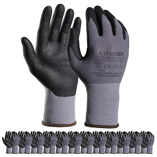 LOCCEF Safety Work Gloves MicroFoam Nitrile Coated-12 Pairs,Seamless Knit Nylon Gloves,Home Improvement,Micro-Foam Gloves - 11/XX-Large - Grey-12 Pairs