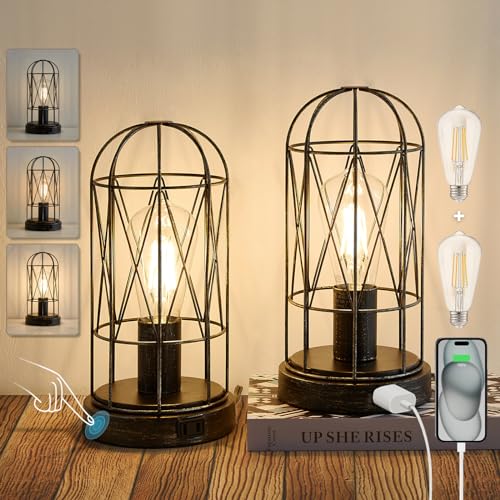 GyroVu Small Touch Table Lamp Set of 2, 3 Way Dimmable Industrial Bedside Lamp with AC Outlet Rustic Steampunk Nightstand Lamp for Bedroom Living Room Office, LED Bulb Included - Black,Silver