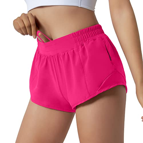 Aurefin Running Shorts for Women,Quick Dry Athletic Sports Shorts Lightweight Active Workout Gym Shorts with Zip Pocket - Hot Pink - X-Small