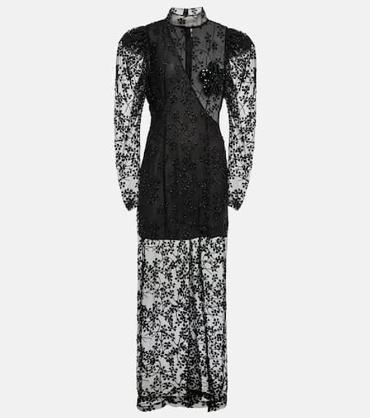 High-neck floral mesh midi dress