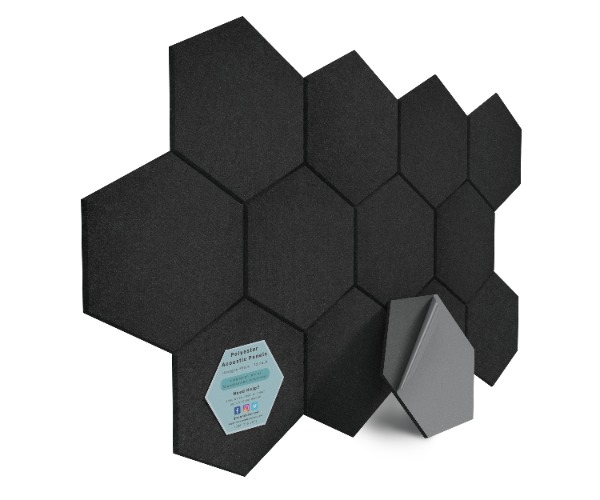 Hexagon Polyester Acoustic Panels - 12 Pack | Eco-Friendly Sound Absorption | Easy Peel & Stick Installation - Black