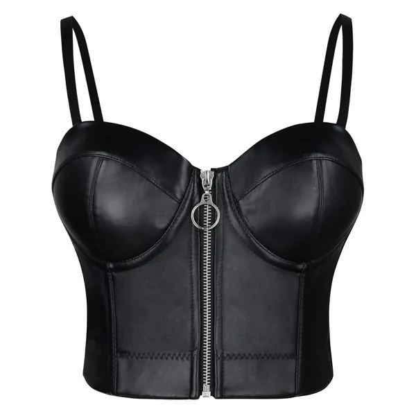 Charmian Women's Spaghetti Straps PU Leather Bustier Crop Top