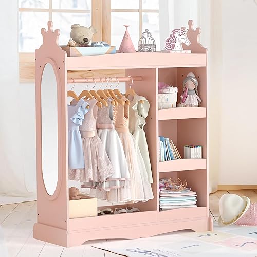 Curipeer Kids Dress up Storage with Mirror, Kids Wardrobe with 3 Hooks, Kids Closet for Girls Boys, Kids Armoire Costume Organizer for Bedroom, Pink - Pink