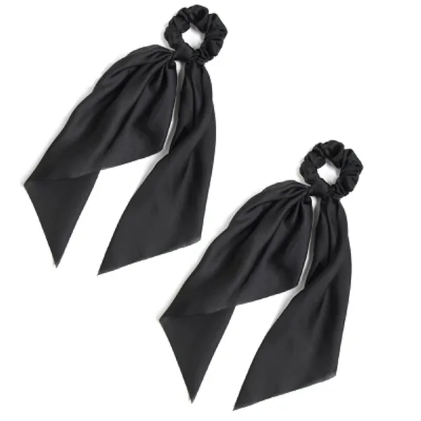 Pack of 2 Knotted Bow Hair Scrunchies Elastic Hair Scarf Black Hair Ties Bands Satin Hair Ribbon Scrunchy Red Ponytail Holder for Women and Girls (Black)