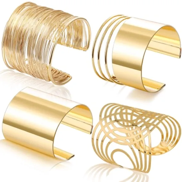 RIOSO 4 Pcs Cuff Bangle Bracelet for Women Open Wide Wire Bracelets Gold Wrist Cuff Wrap Bracelet