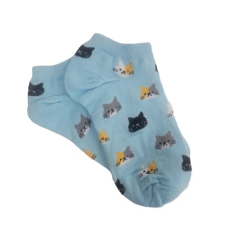 Kitty Cat Face Patterned Short Ankle Socks (Adult Medium) - Blue / Adult Medium / Unisex