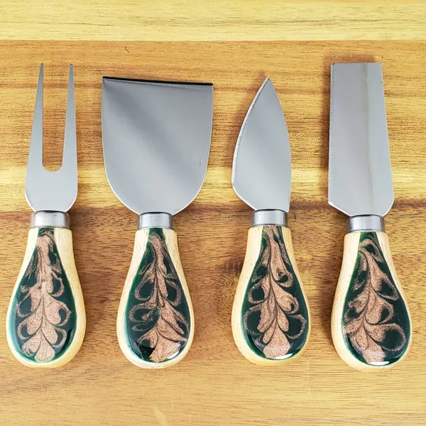 Cheese Knife Set with Gift Box, Forest Green and Copper, 3 Design Patterns, Resin Decorated, Perfect Gift