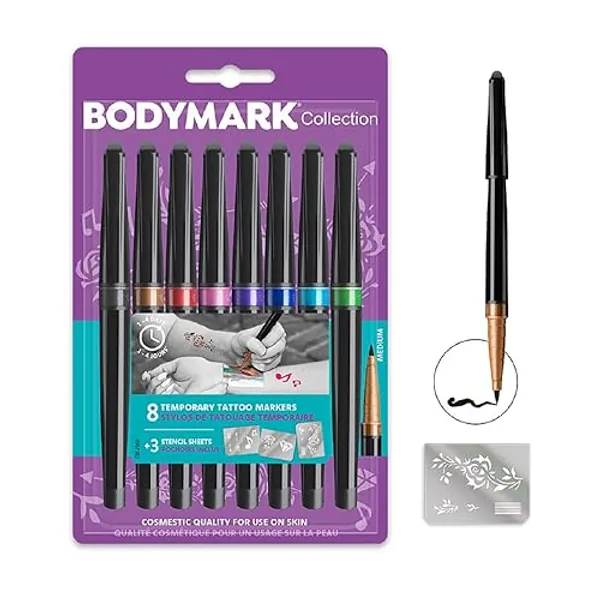 BodyMark by BIC, temporäre Tattoos in 8 Farben, geruchsarme & schnell trocknende Tattoo Stifte für die Haut mit 3 Schablonen