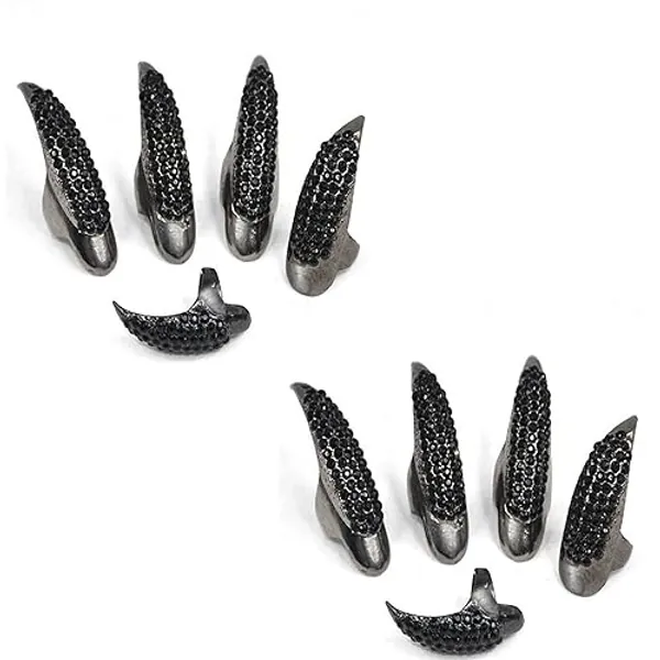 Beauty7-10 STK Damen Modetrend Bling Bling Vintage 3D Gothic Punk-Stil Kristall Strass Krallen Prote Talon Fingerring Fingernagel Ring Nagelring Cosplay Dekoration-Schwarz-S/M/L