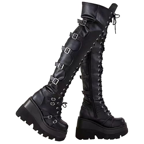 tinetill Damen Plateaustiefel Winter Schwarz Gothic Punk Overknee Stiefel Reißverschluss Kniehohe Stiefel Schnürstiefel Lange Stiefel mit Blockabsatz Winterstiefel Boots - 39 EU - Schwarz