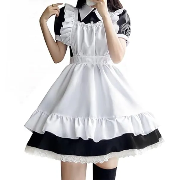 Aurueda French Maid Dress Cosplay Anime Halloween Kostüm Maid Outfit Niedliche Maid Kostüm Set mit Kleid Schürze Kopfbedeckung für Halloween Maid Costume