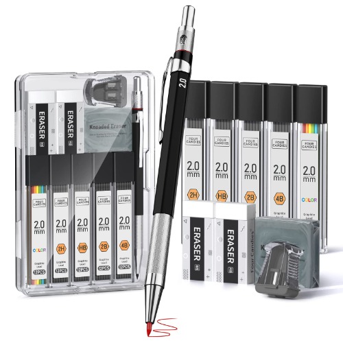 Four Candies Set med 2MM mekaniska pennor, metallhållare för konstnärspennor med 60 st grafitminer (HB, 2H, 2B, 4B, färg), knådat radergummi, vässare för skrivande, ritande