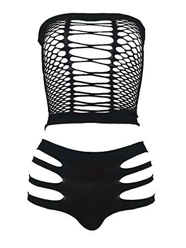 LEMON GIRL Women's Lingerie Fishnet BabyDoll Bodysuit Mini Dress Set One Size - One Size - Black