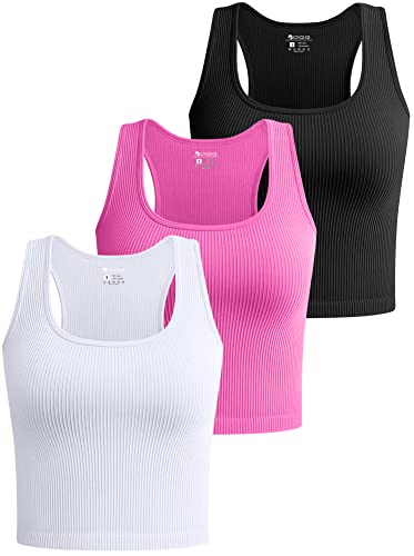 OQQ Women's 3 Piece Crop Tank Tops Ribbed Seamless Workout Sleeveless Shirts Racerback Crop Tops - Small - Black Rose White