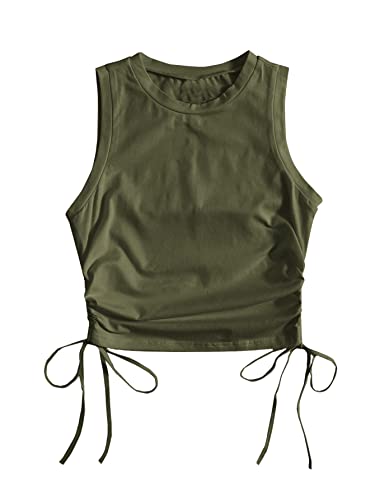 Floerns Women's Graphic Print Sleeveless Drawstring Ruched Crop Tank Top - Small - Army Green