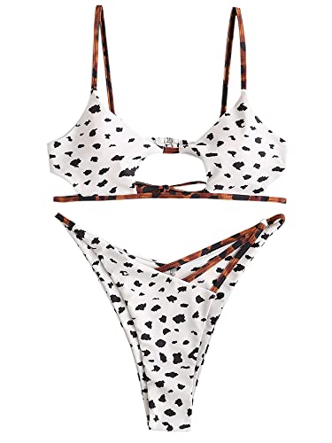 ZAFUL Women's Sexy Cutout Bikini Thong Bikini Set Tie Back Two Piece Swimsuit Bathing Suit - Small - 4-p-white