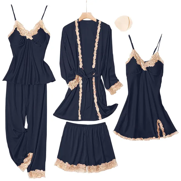 SAPJON Womens Pajama Sets 5PCS Silk Pajamas for women Cute Sleepwear Loungewear Satin Pajamas Sets for Women Soft